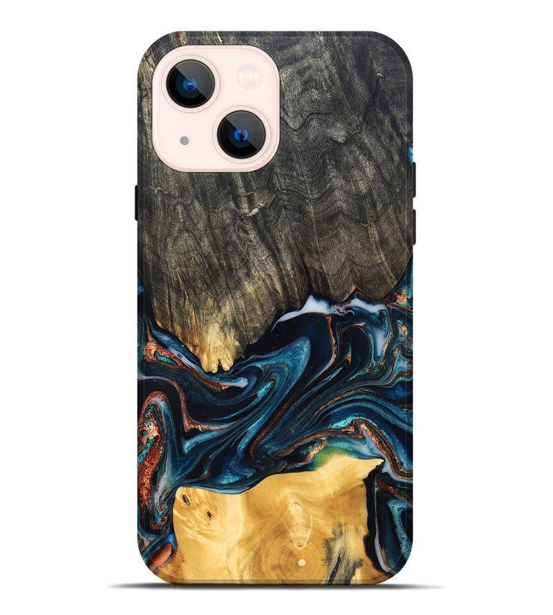 iPhone 14 Plus Wood Live Edge Phone Case - Maurice (Teal & Gold, 827874)