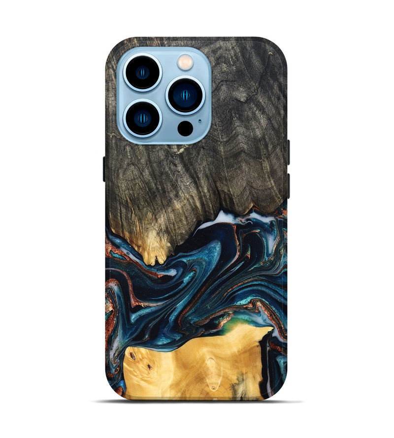 iPhone 14 Pro Wood Live Edge Phone Case - Maurice (Teal & Gold, 827874)