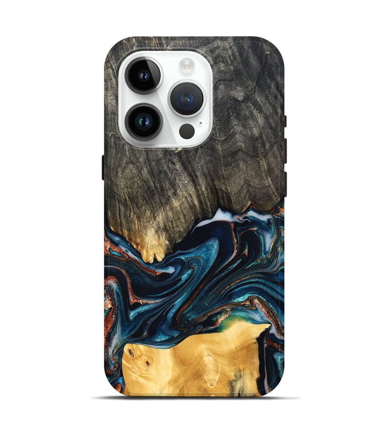 iPhone 15 Pro Wood Live Edge Phone Case - Maurice (Teal & Gold, 827874)