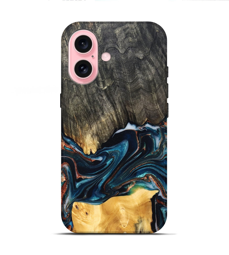 iPhone 16 Wood Live Edge Phone Case - Maurice (Teal & Gold, 827874)