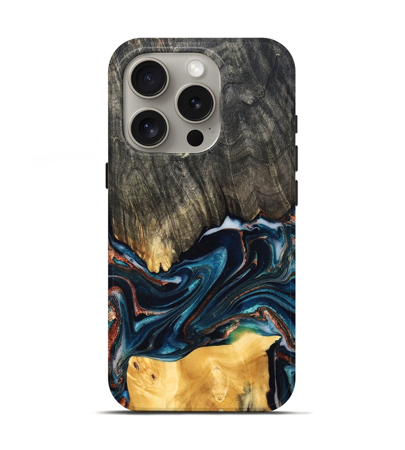 iPhone 16 Pro Wood Live Edge Phone Case - Maurice (Teal & Gold, 827874)
