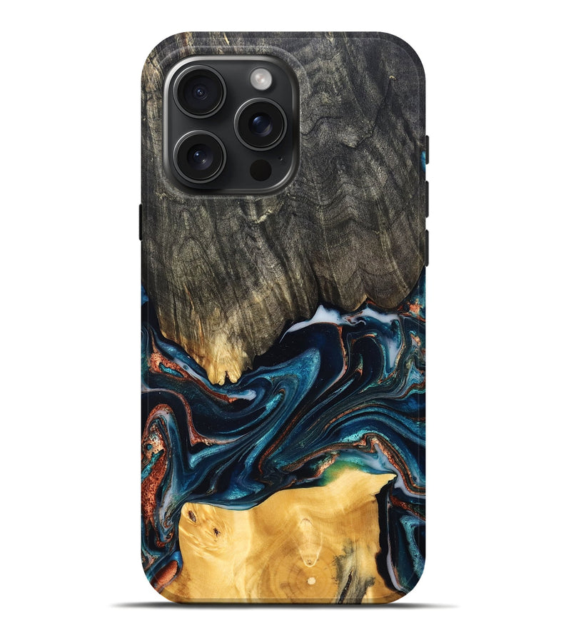 iPhone 16 Pro Max Wood Live Edge Phone Case - Maurice (Teal & Gold, 827874)