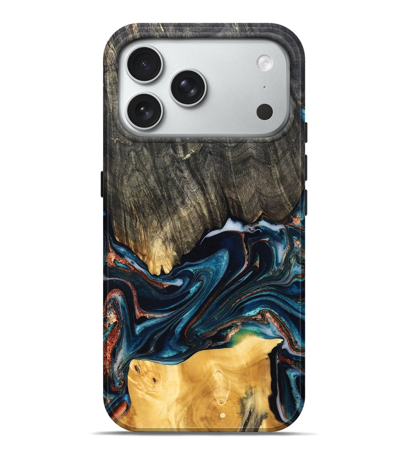 iPhone 18 Pro Max Wood Live Edge Phone Case - Maurice (Teal & Gold, 827874)