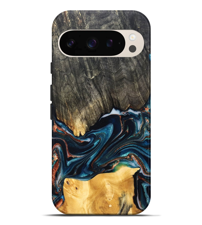 Pixel 10 Pro XL Wood Live Edge Phone Case - Maurice (Teal & Gold, 827874)