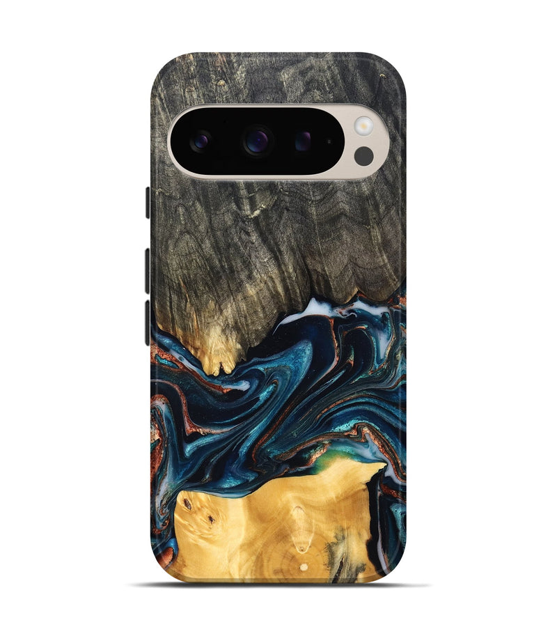 Pixel 9 Wood Live Edge Phone Case - Maurice (Teal & Gold, 827874)