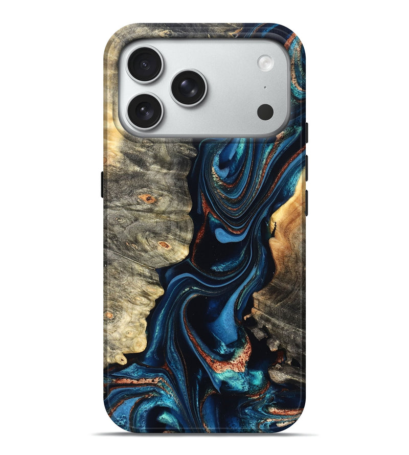 iPhone 18 Pro Max Wood Live Edge Phone Case - Aya (Teal & Gold, 827875)