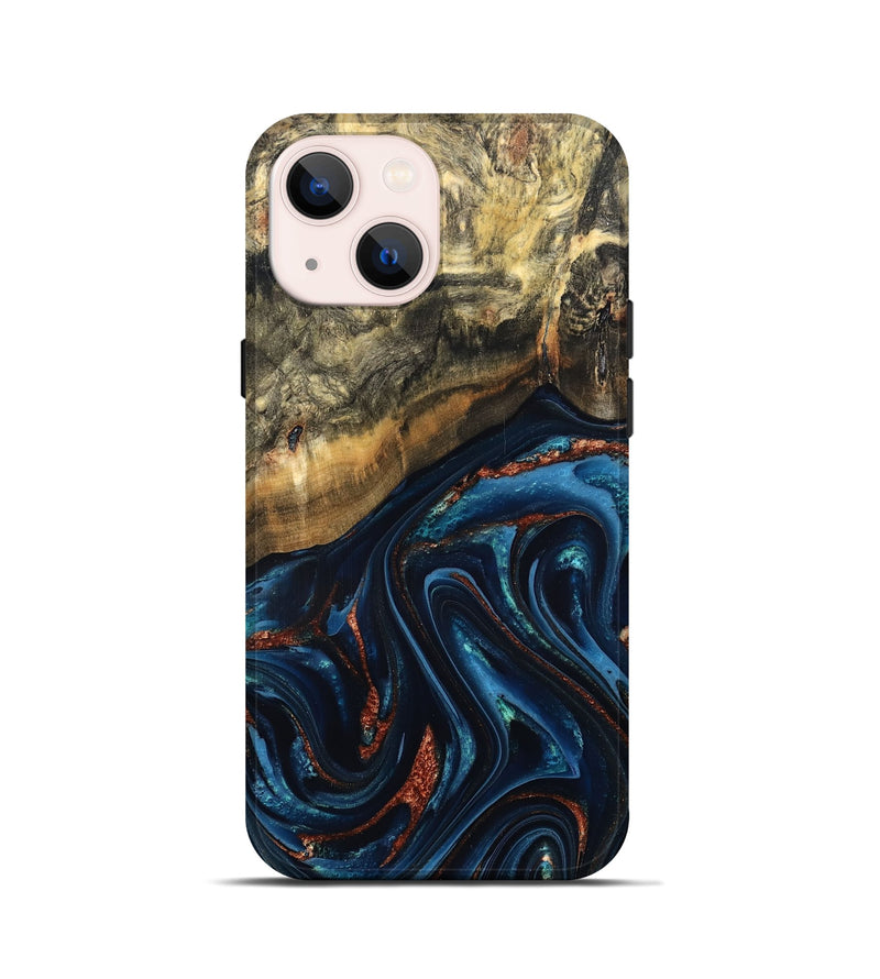 iPhone 13 mini Wood Live Edge Phone Case - Johana (Teal & Gold, 827880)