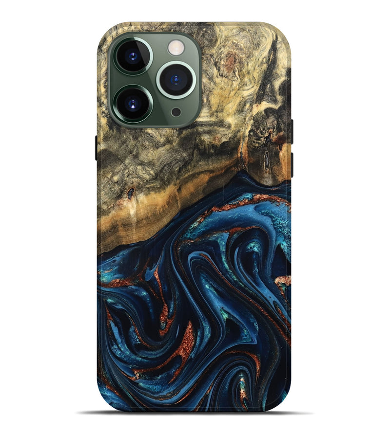 iPhone 13 Pro Max Wood Live Edge Phone Case - Johana (Teal & Gold, 827880)