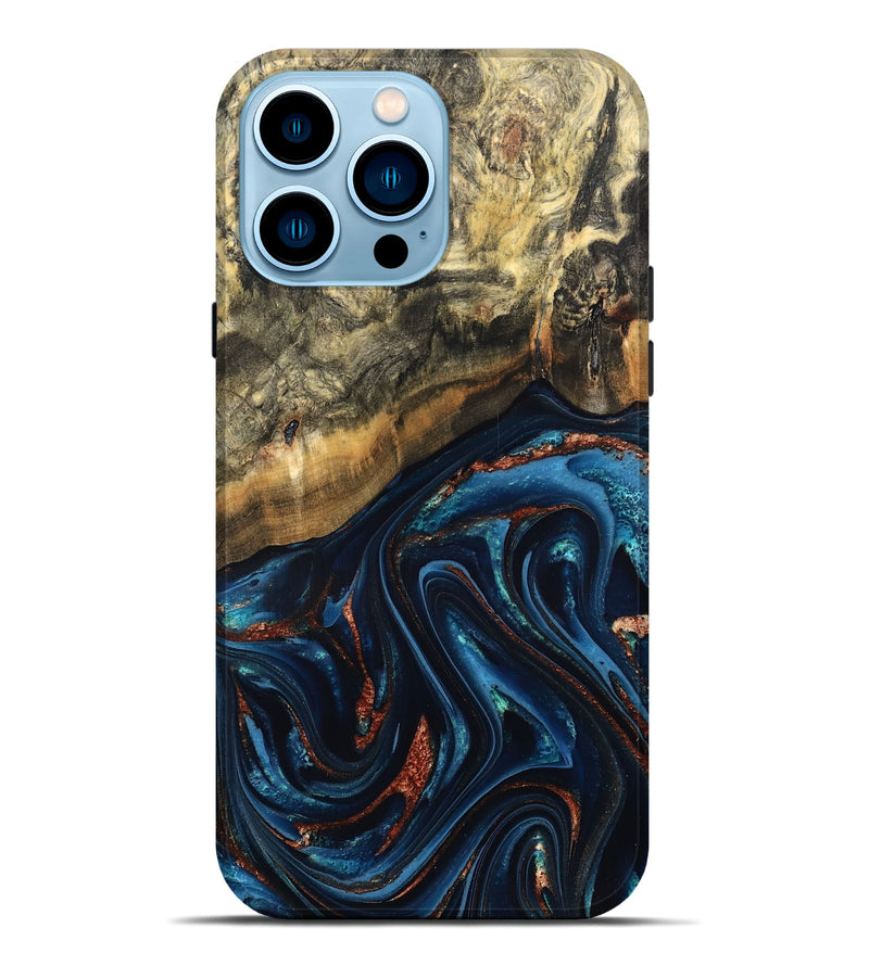 iPhone 14 Pro Max Wood Live Edge Phone Case - Johana (Teal & Gold, 827880)