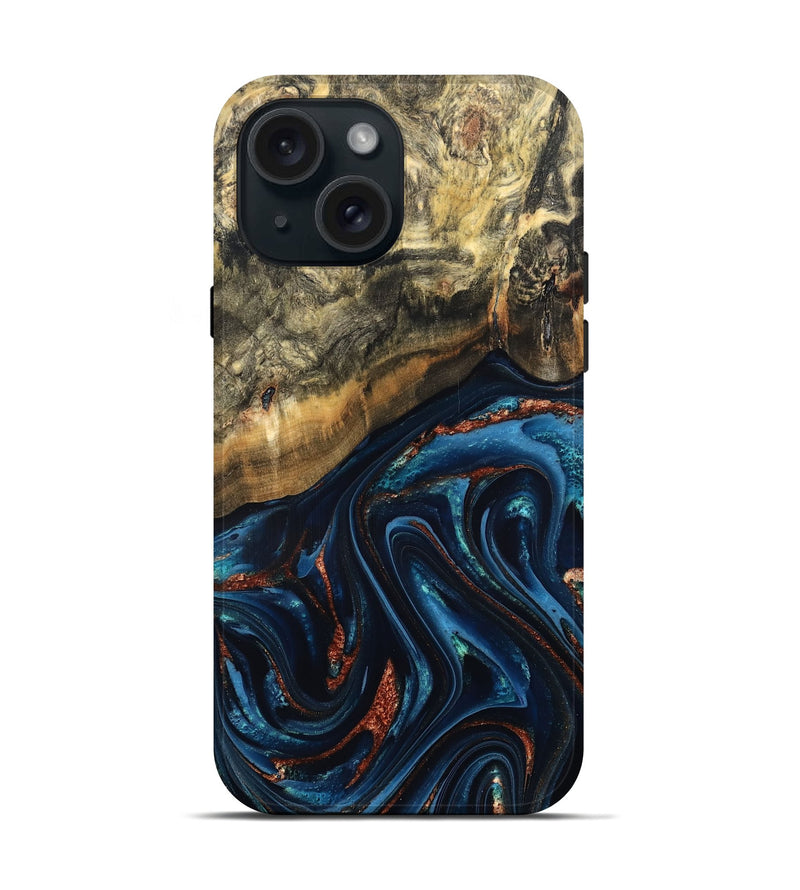 iPhone 15 Wood Live Edge Phone Case - Johana (Teal & Gold, 827880)