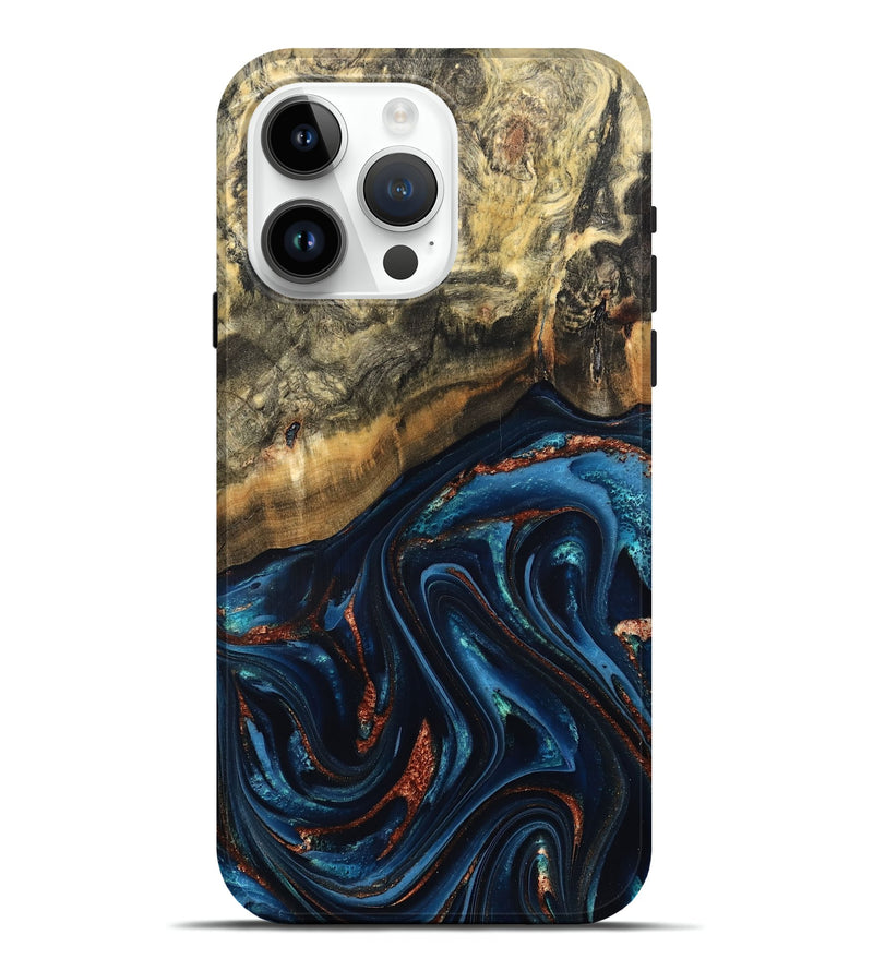 iPhone 15 Pro Max Wood Live Edge Phone Case - Johana (Teal & Gold, 827880)
