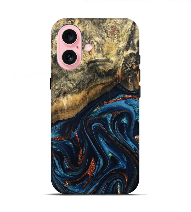 iPhone 16 Wood Live Edge Phone Case - Johana (Teal & Gold, 827880)