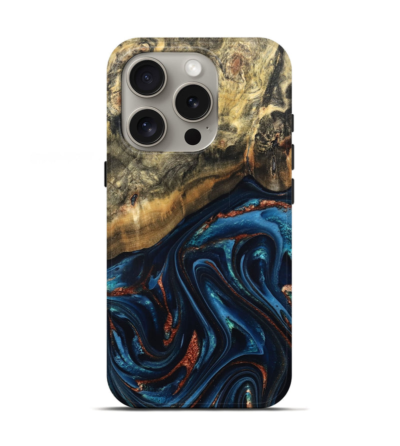 iPhone 16 Pro Wood Live Edge Phone Case - Johana (Teal & Gold, 827880)