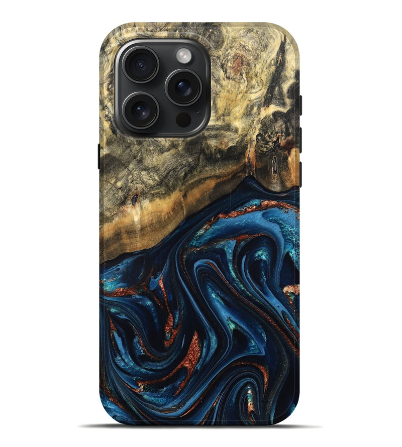 iPhone 16 Pro Max Wood Live Edge Phone Case - Johana (Teal & Gold, 827880)