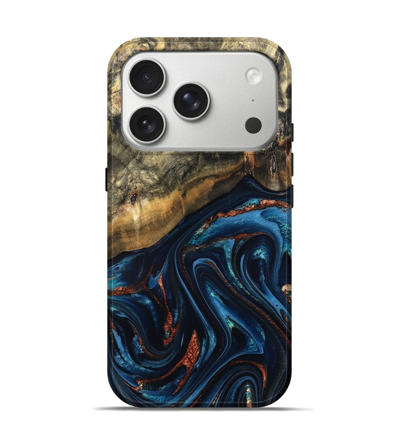 iPhone 17 Pro Wood Live Edge Phone Case - Johana (Teal & Gold, 827880)