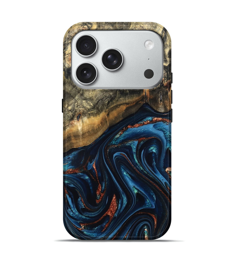 iPhone 18 Pro Wood Live Edge Phone Case - Johana (Teal & Gold, 827880)