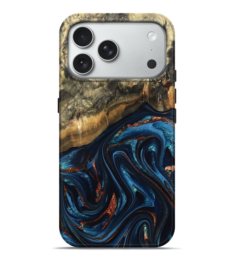 iPhone 18 Pro Max Wood Live Edge Phone Case - Johana (Teal & Gold, 827880)