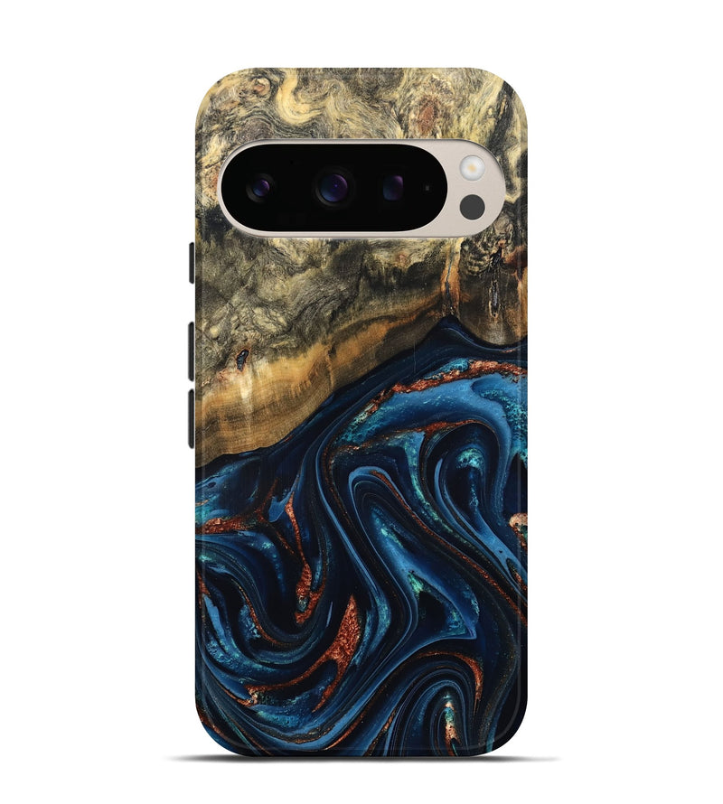 Pixel 10 Pro Wood Live Edge Phone Case - Johana (Teal & Gold, 827880)
