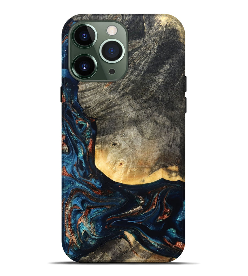 iPhone 13 Pro Max Wood Live Edge Phone Case - Jayne (Teal & Gold, 827882)