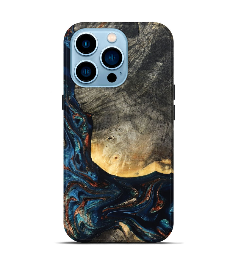 iPhone 14 Pro Wood Live Edge Phone Case - Jayne (Teal & Gold, 827882)