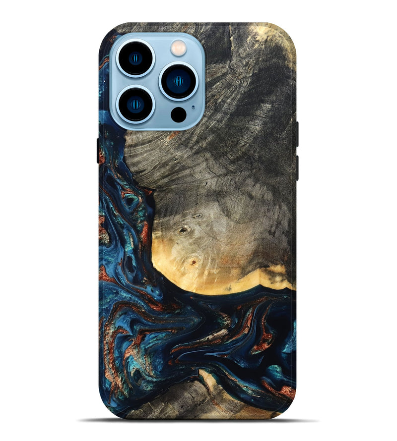 iPhone 14 Pro Max Wood Live Edge Phone Case - Jayne (Teal & Gold, 827882)