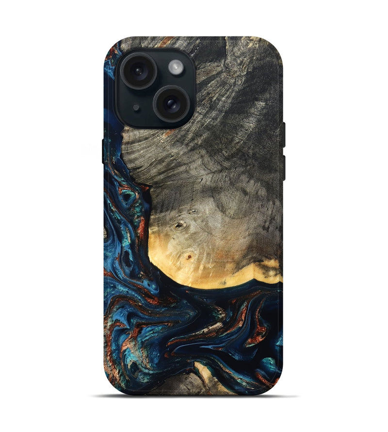 iPhone 15 Wood Live Edge Phone Case - Jayne (Teal & Gold, 827882)
