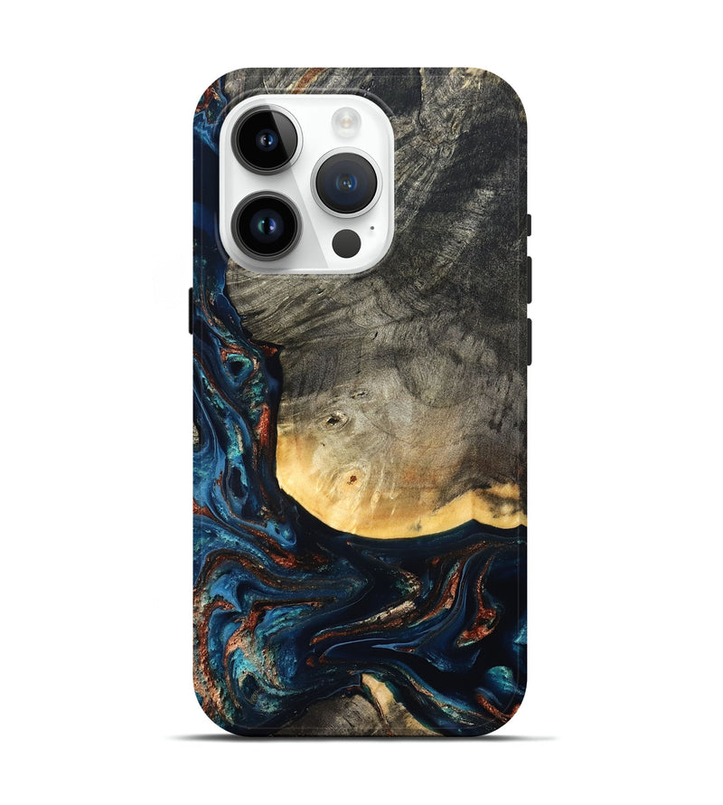 iPhone 15 Pro Wood Live Edge Phone Case - Jayne (Teal & Gold, 827882)