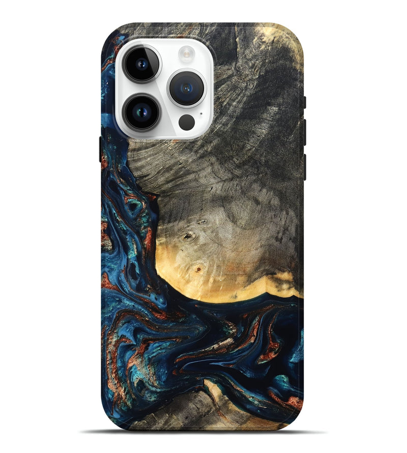 iPhone 15 Pro Max Wood Live Edge Phone Case - Jayne (Teal & Gold, 827882)