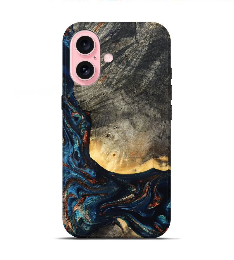 iPhone 16 Wood Live Edge Phone Case - Jayne (Teal & Gold, 827882)