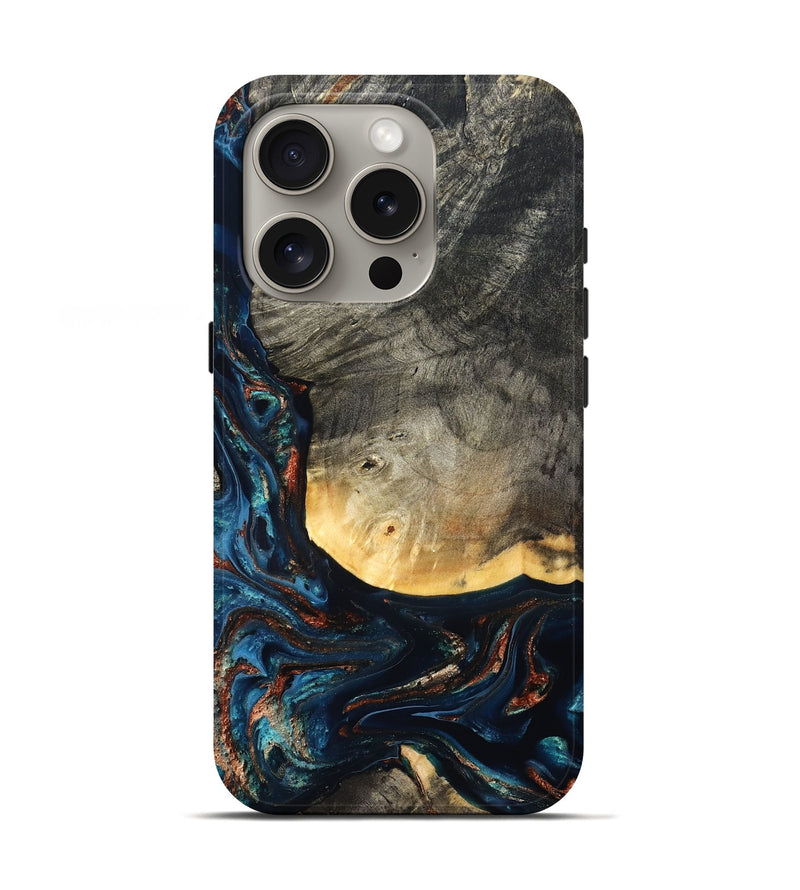 iPhone 16 Pro Wood Live Edge Phone Case - Jayne (Teal & Gold, 827882)