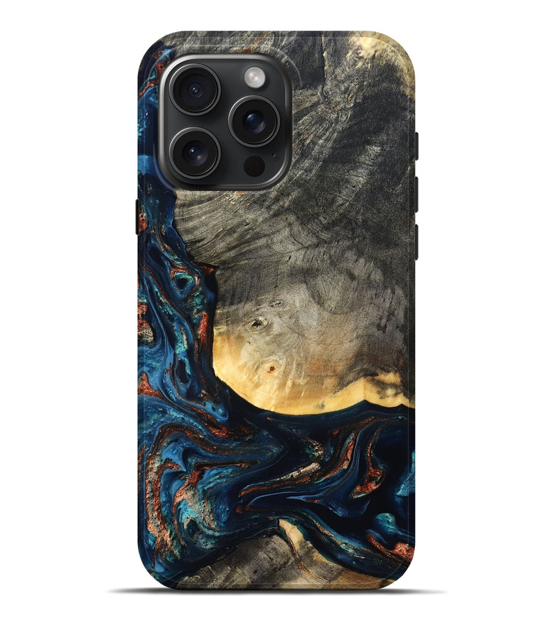 iPhone 16 Pro Max Wood Live Edge Phone Case - Jayne (Teal & Gold, 827882)