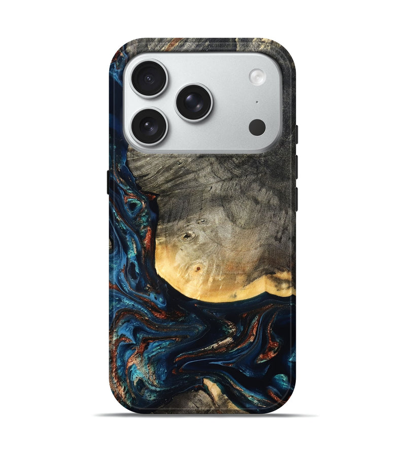 iPhone 18 Pro Wood Live Edge Phone Case - Jayne (Teal & Gold, 827882)