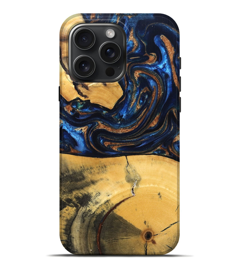 iPhone 16 Pro Max Wood Live Edge Phone Case - Cathy (Teal & Gold, 827886)