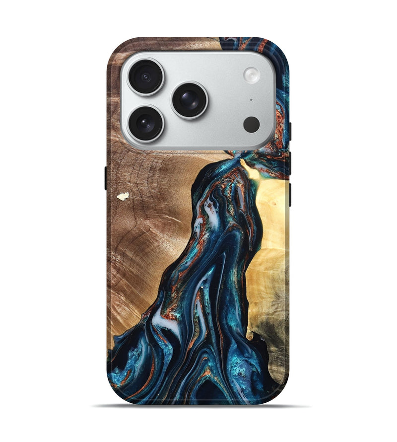 iPhone 18 Pro Wood Live Edge Phone Case - Osvaldo (Teal & Gold, 827887)
