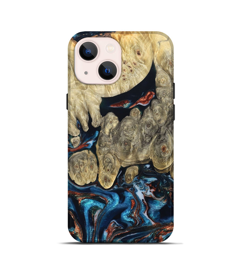iPhone 13 mini Wood Live Edge Phone Case - Jeanie (Teal & Gold, 827890)