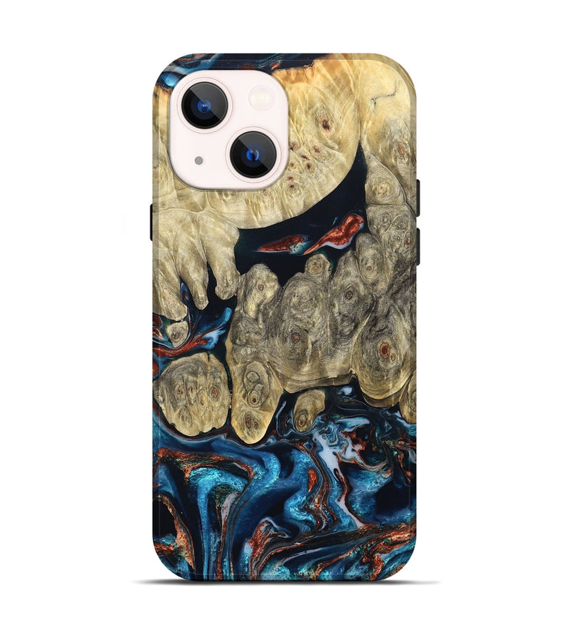 iPhone 14 Wood Live Edge Phone Case - Jeanie (Teal & Gold, 827890)