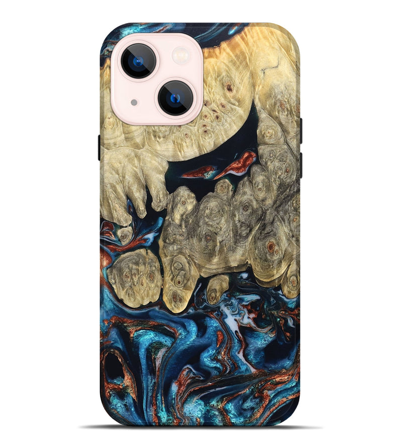 iPhone 14 Plus Wood Live Edge Phone Case - Jeanie (Teal & Gold, 827890)
