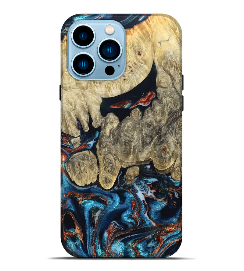iPhone 14 Pro Max Wood Live Edge Phone Case - Jeanie (Teal & Gold, 827890)