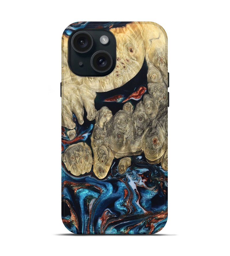 iPhone 15 Wood Live Edge Phone Case - Jeanie (Teal & Gold, 827890)