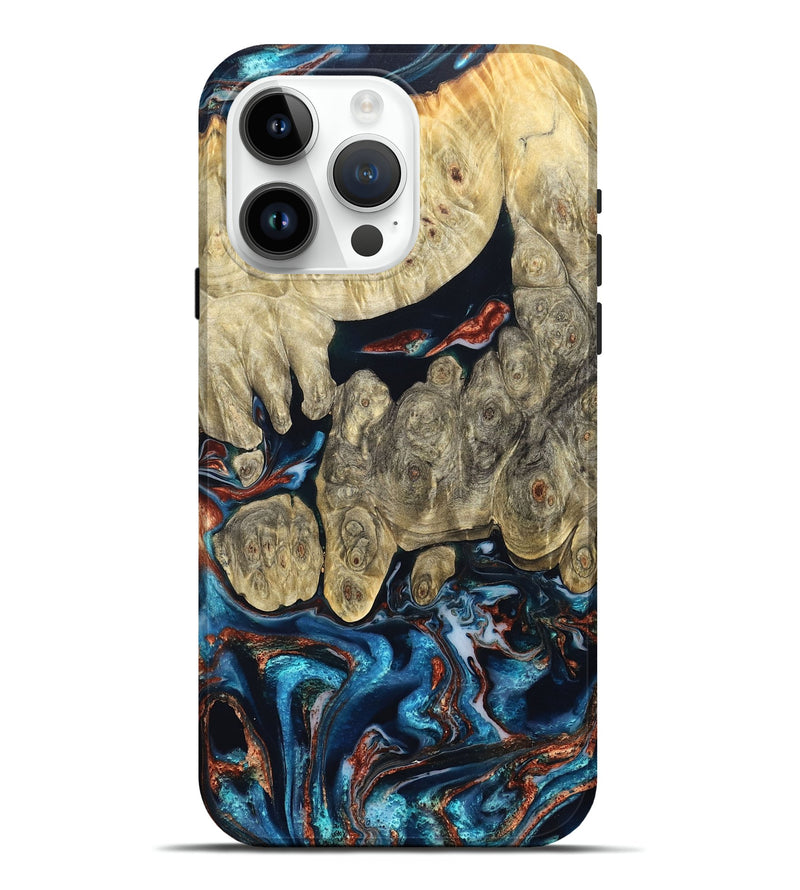 iPhone 15 Pro Max Wood Live Edge Phone Case - Jeanie (Teal & Gold, 827890)