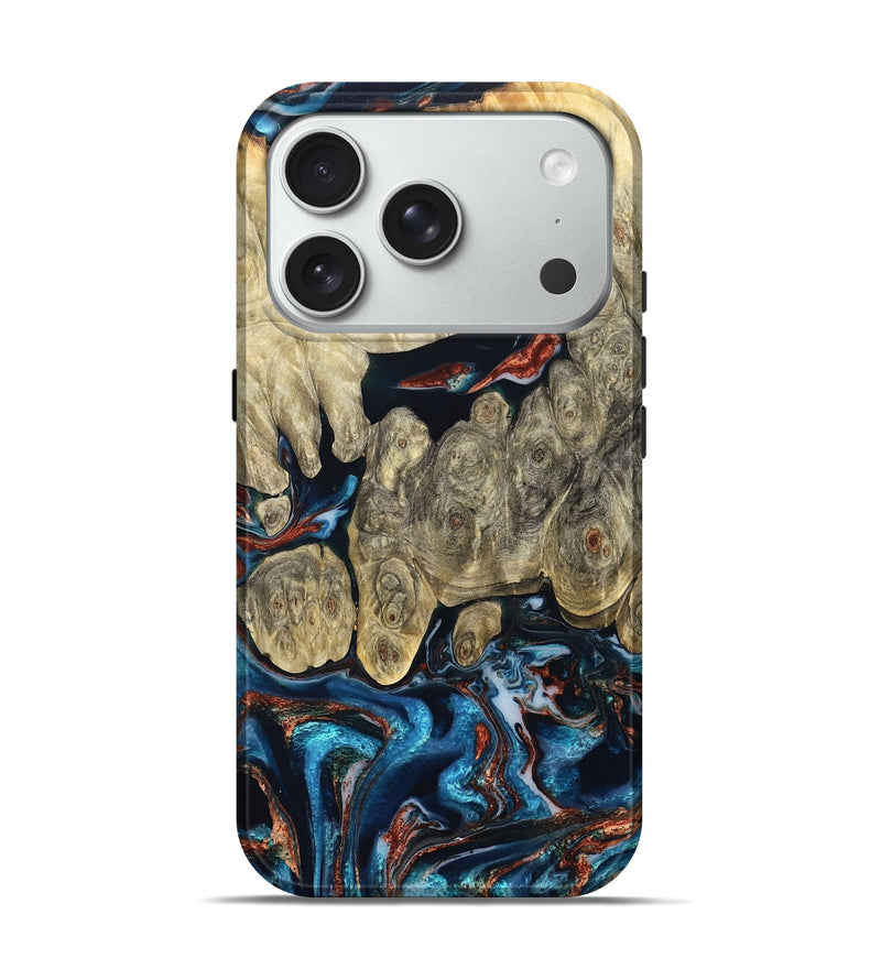 iPhone 18 Pro Wood Live Edge Phone Case - Jeanie (Teal & Gold, 827890)