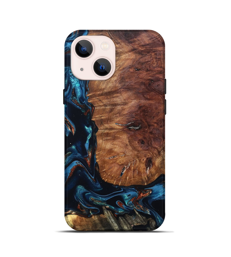iPhone 13 mini Wood Live Edge Phone Case - Tisha (Teal & Gold, 827893)