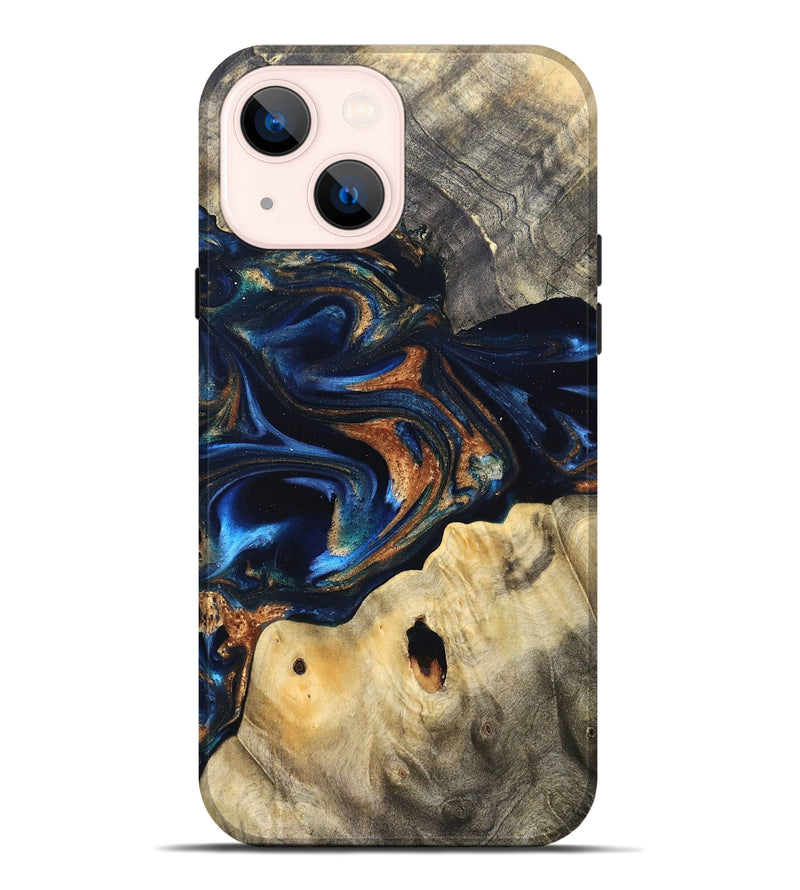 iPhone 14 Plus Wood Live Edge Phone Case - Musa (Teal & Gold, 827895)