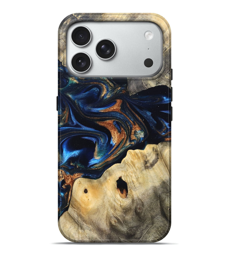 iPhone 18 Pro Max Wood Live Edge Phone Case - Musa (Teal & Gold, 827895)