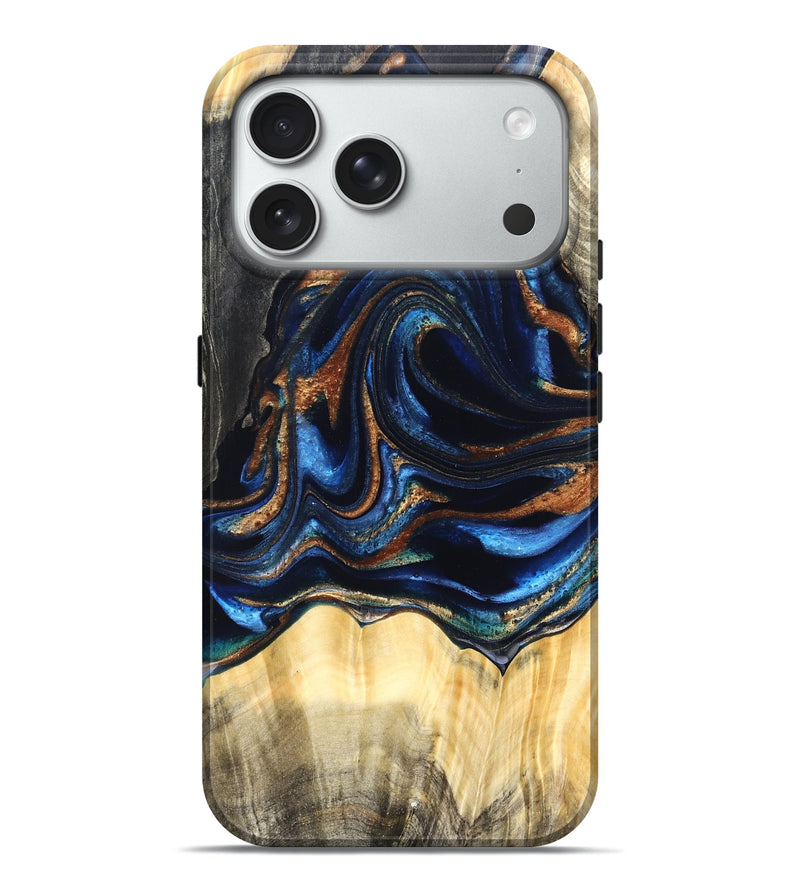 iPhone 18 Pro Max Wood Live Edge Phone Case - Denis (Teal & Gold, 827896)