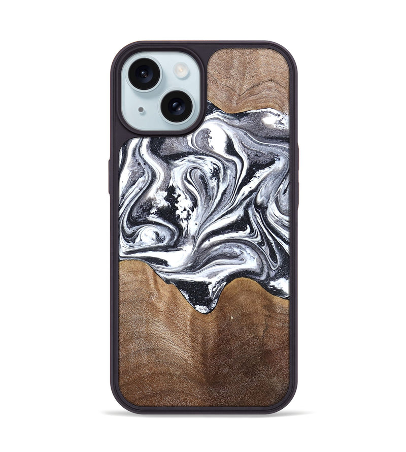 iPhone 15 Wood Phone Case - Iris (Black & White, 827914)