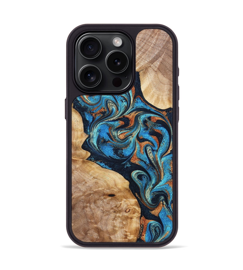 iPhone 15 Pro Wood Phone Case - Wilfred (Teal & Gold, 827942)