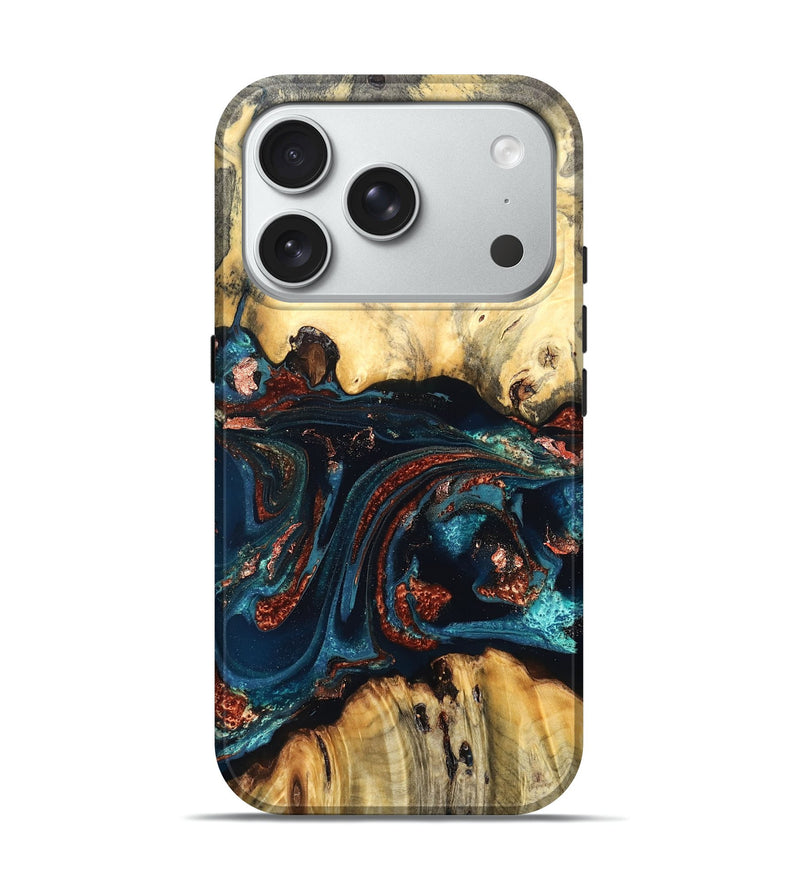 iPhone 18 Pro Wood Live Edge Phone Case - Ashly (Teal & Gold, 828151)