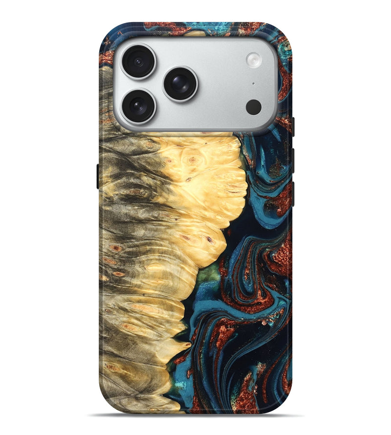 iPhone 18 Pro Max Wood Live Edge Phone Case - Bettie (Teal & Gold, 828154)
