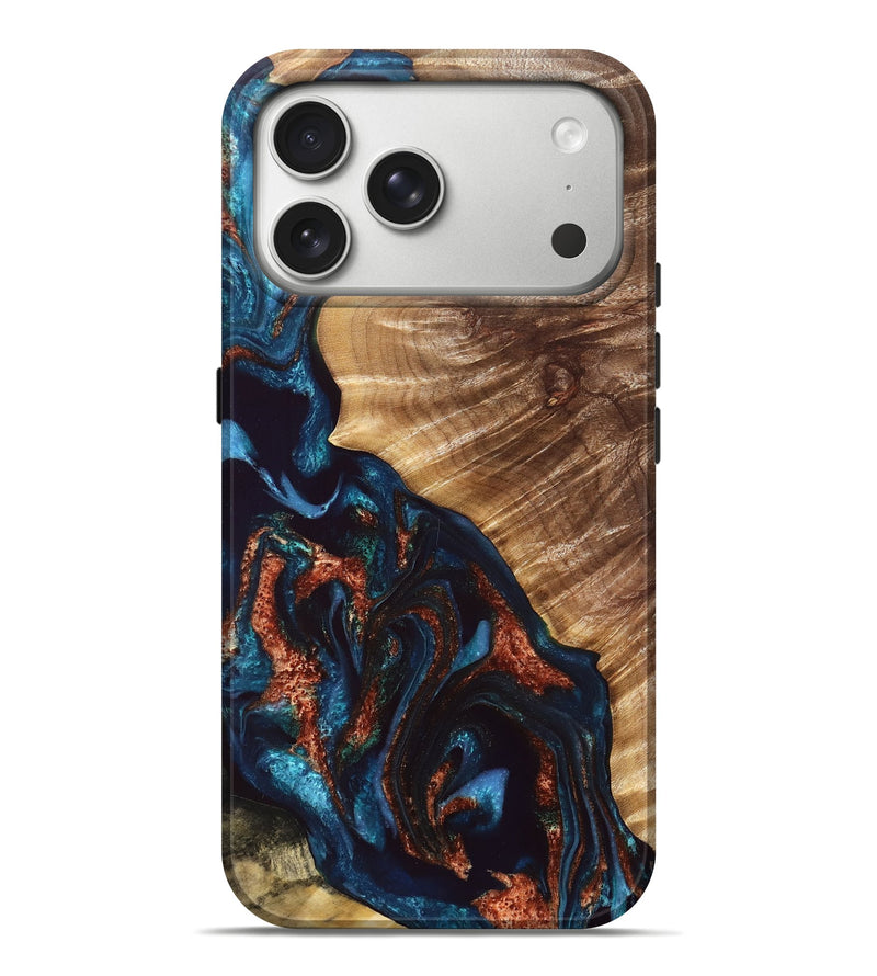 iPhone 17 Pro Max Wood Live Edge Phone Case - Shanta (Teal & Gold, 828174)